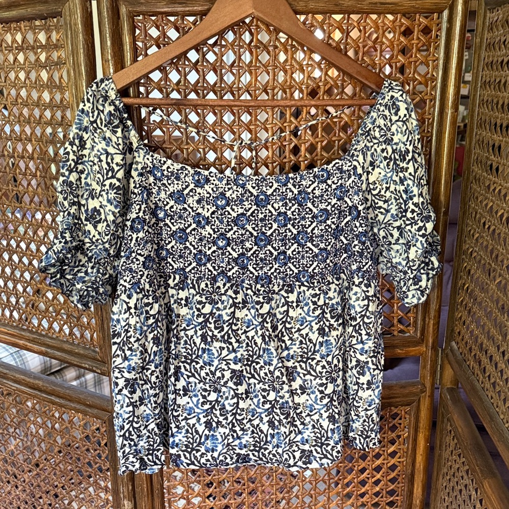 Floral Blue, White and Black accents
Women's Top
